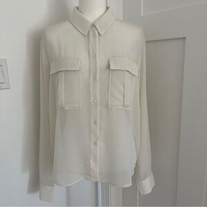 Evereve Ivory Off White Metallic Silver Dots Blouse With Pockets Sz M *K